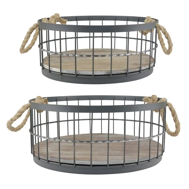 Set of 2 Brown Rustic Round Wood and Metal Baskets