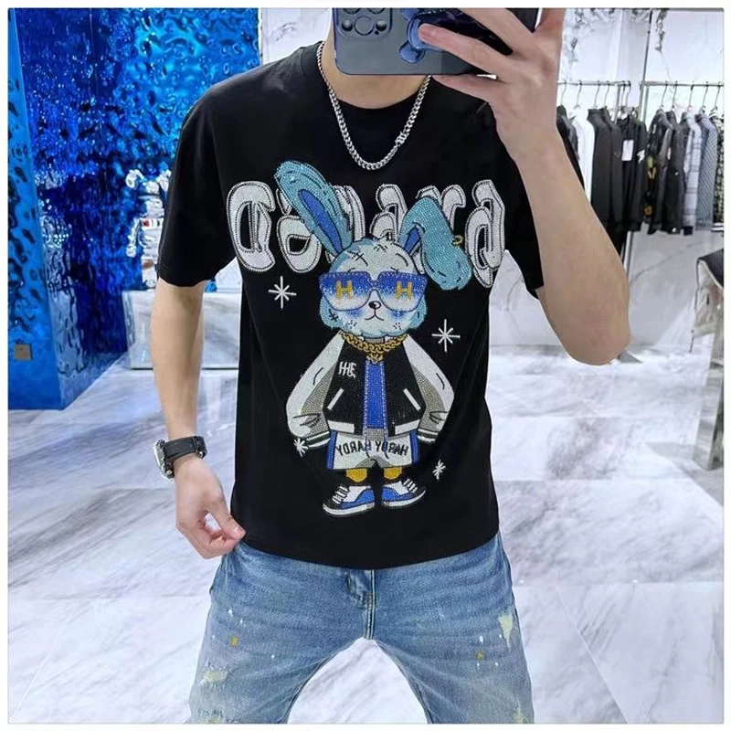 

T-shirts Men's Rabbit Hot Diamond Couple Tees Fashion Brand 2023 Summer New Slim Round Neck Male Tops Heavy Craft Clothing