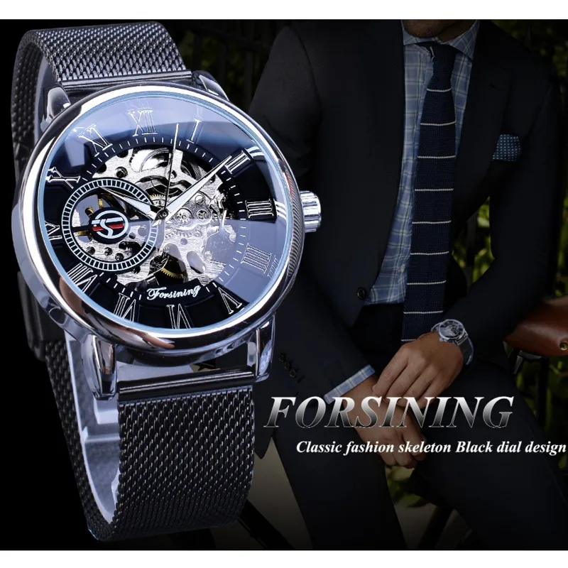 FORSINING Mechanical Watch For Men Business Luxury Watch Hollowed Out Luminous Mesh Belt Men Watch Reloj Hombre Montre Homme