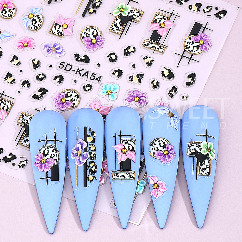 5D Leopard Print Flower Nail Art Stickers Self-Adhesive Butterfly Geometry Floral Nail Decals Manicure Decorations Nail Supplies