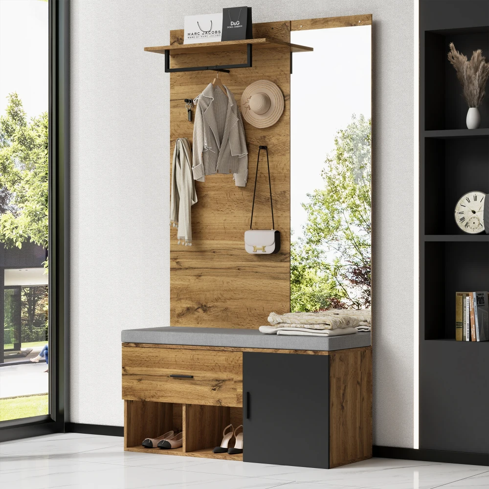 190 cm Hoher Holzkleiderschrank-Set mit Spiegel, Schuhbank (104 x 39 cm) mit Polsterung, Schuhschrank, Schublade, Regal, Kleiderhaken – Detail 6