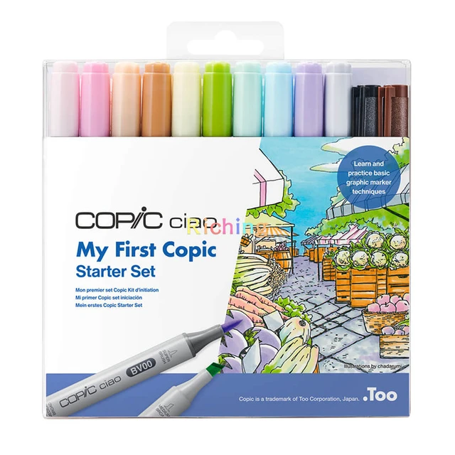 Copic-rotulador Ciao, mi primer juego de iniciación COPIC, juego de 12  piezas Incluye 10 rotuladores COPIC Ciao negro y Sepia Multiliner -  AliExpress