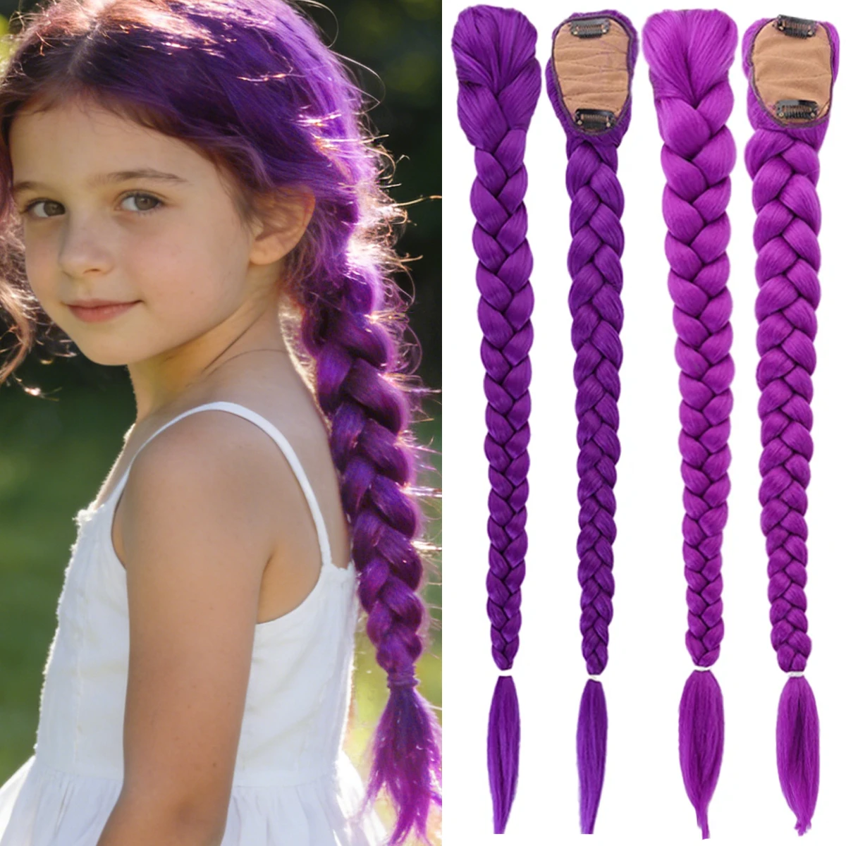 Synthetic Braided Purple Hair Ponytail Kids Costume Hairstyle 26inch Long Ponytail with Clips for Kids Girls Halloween Christmas
