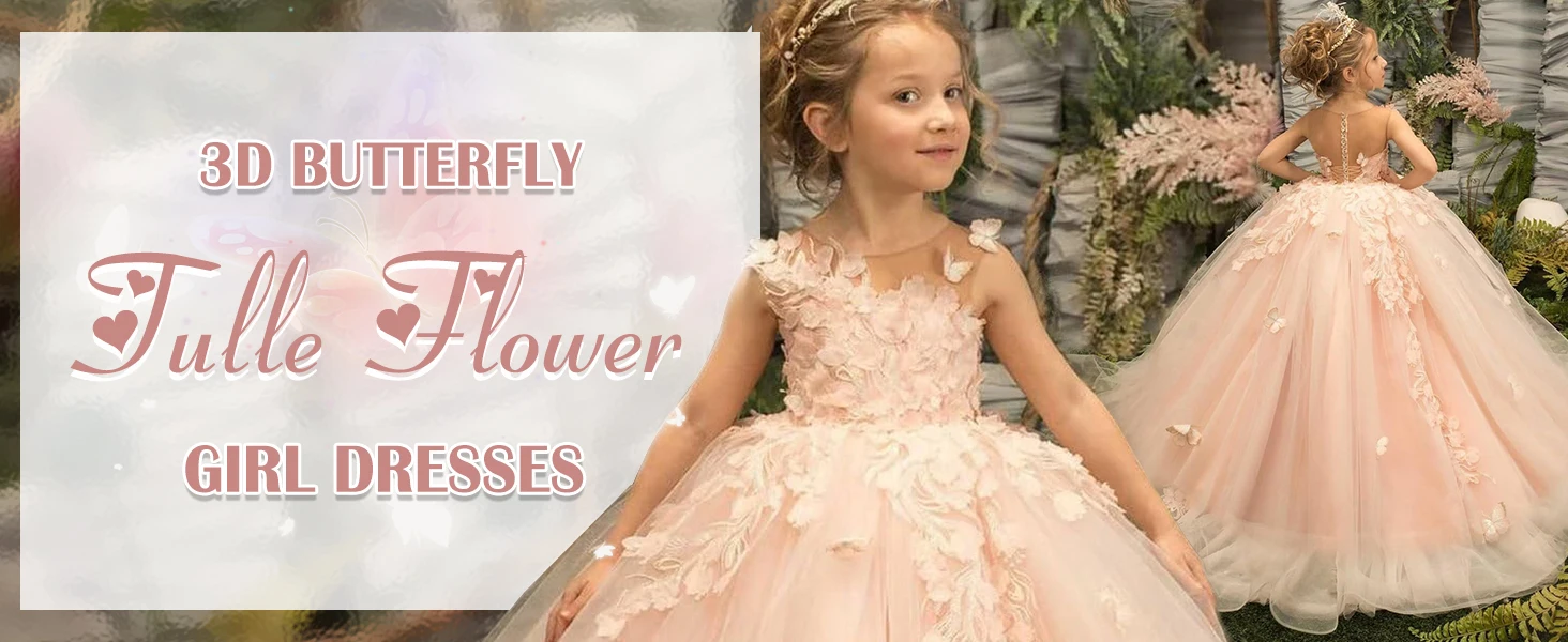 3D Butterfly Applique Dress Flower Girls Dresses Lace Tulle Pageant Dress for Girls Birthday