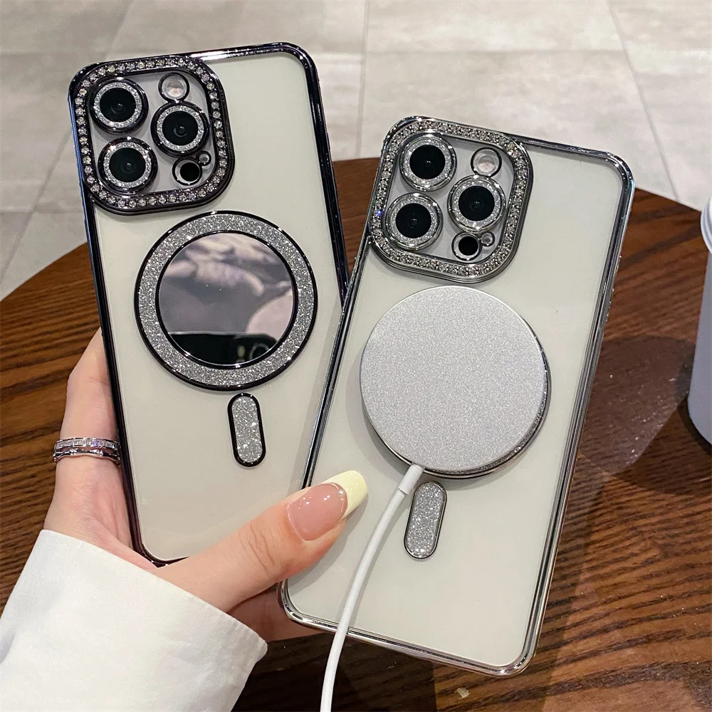 Luxury Glitter Diamond Stand Clear Case For IPhone 16 15 14 Plus 13 12 11 Pro Max Magnetic For Magsafe Wireless Charge Cover_voghion.com