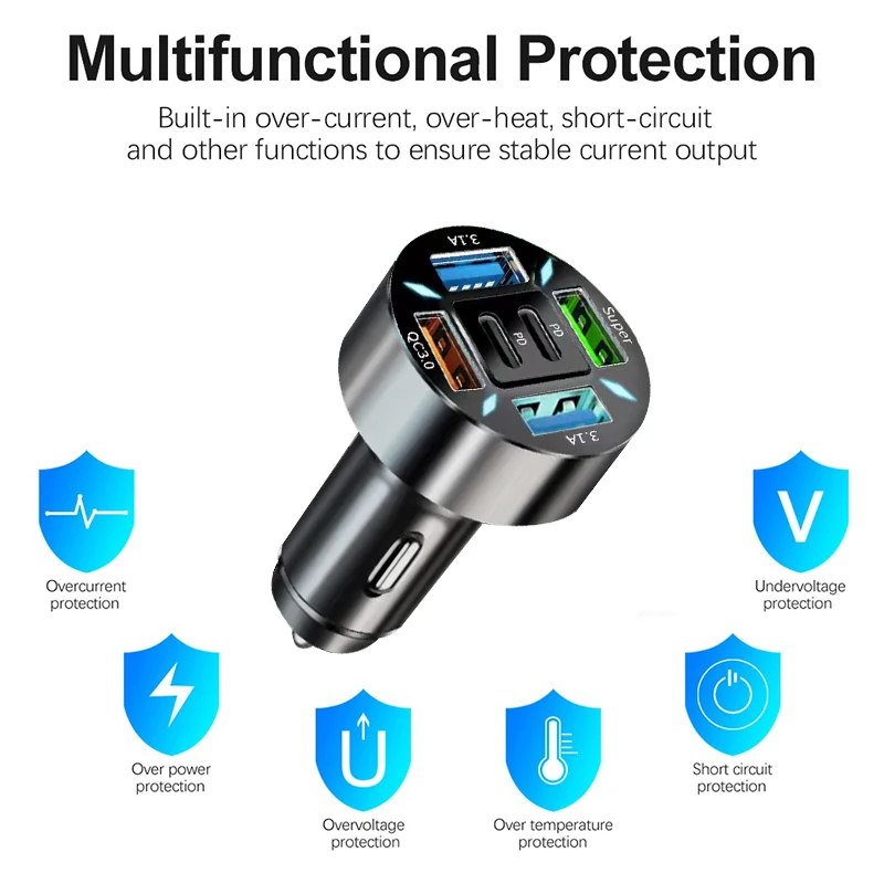 6 Ports Car Charger Fast Charging PD QC3.0 USB C Car Phone Charger Adapter With Voltage For iPhone Samsung Huawei Xiaomi