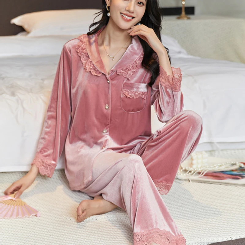 

Autumn Winter Women Velour Pajamas Set Pink Long Sleeve Lace Trim Trouser Pijamas Suit Loose Casual Loose Home Wear Loungewear