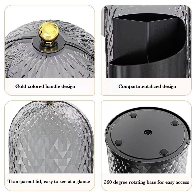 Diamond Birdcage Makeup Brush Holder with Lid 360 Rotating Clear Dustproof Makeup Brushes Organizer for Vanity Lipstick Holder 6