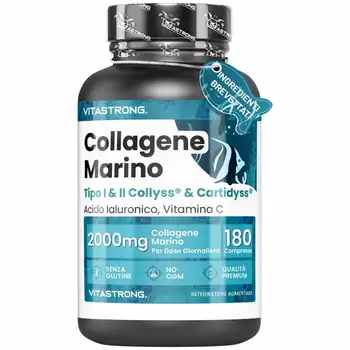 Collagene Marino con Acido Ialuronico Vitamina C, Qualità Brevettata di Collagene Idrolizzato Tipo 1&2 Collyss Cartidyss, Integratore Collagene e Acido Ialuronico con Vit C, 180 Compresse, Vitastrong