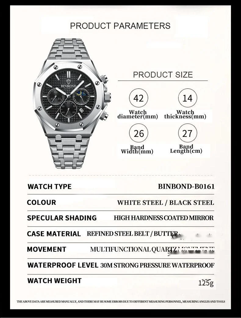 New Watch Hot Selling Model: Binbang High-end Three Eye Six Needle Multifunctional Lunar Phase Steel Band Multifunctional Men's Watch Watch_voghion.com