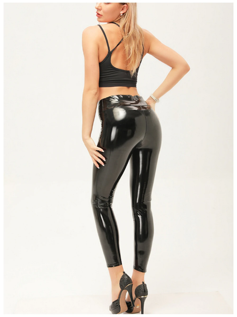Damen Glänzende Kunstleder-Leggings Spiegelnde Hochtaillierte Lederähnliche Glanz-Leggings Petite Ultra-Glänzende Leggings – Detail 5