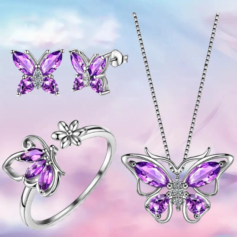 Butterfly Jewelry Set for Women Butterflies Amethyst Birthstone Pendant Necklace/Earrings/Rings for Wedding Valentine's Day Gift bridal jewelry sets,earring ring sets