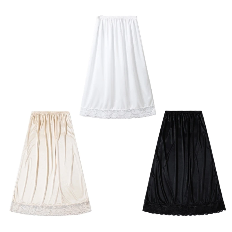 

Women Lace Trim Half Slip Underskirt Ice Silk Long Petticoat for Under Dresses Dropship