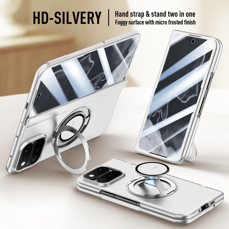 Magnetic Rebound Handheld Rotating Stand Phone Case with Glass Screen and Hinge Protection
