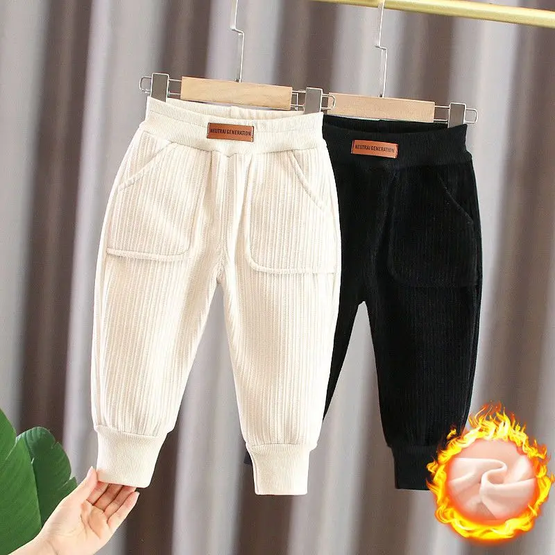 

Winter Plus Velvet Solid Kawaii Boy's Pants Versatile Trendy Lively Casual Kids Girls Trousers Cute Pockets Children's Clothing