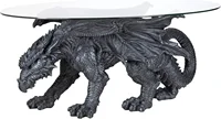 Warwickshire Dragon Gothic Decor Glass Topped Coffee Table, 39 Inch, Polyresin, Grey Stone 1