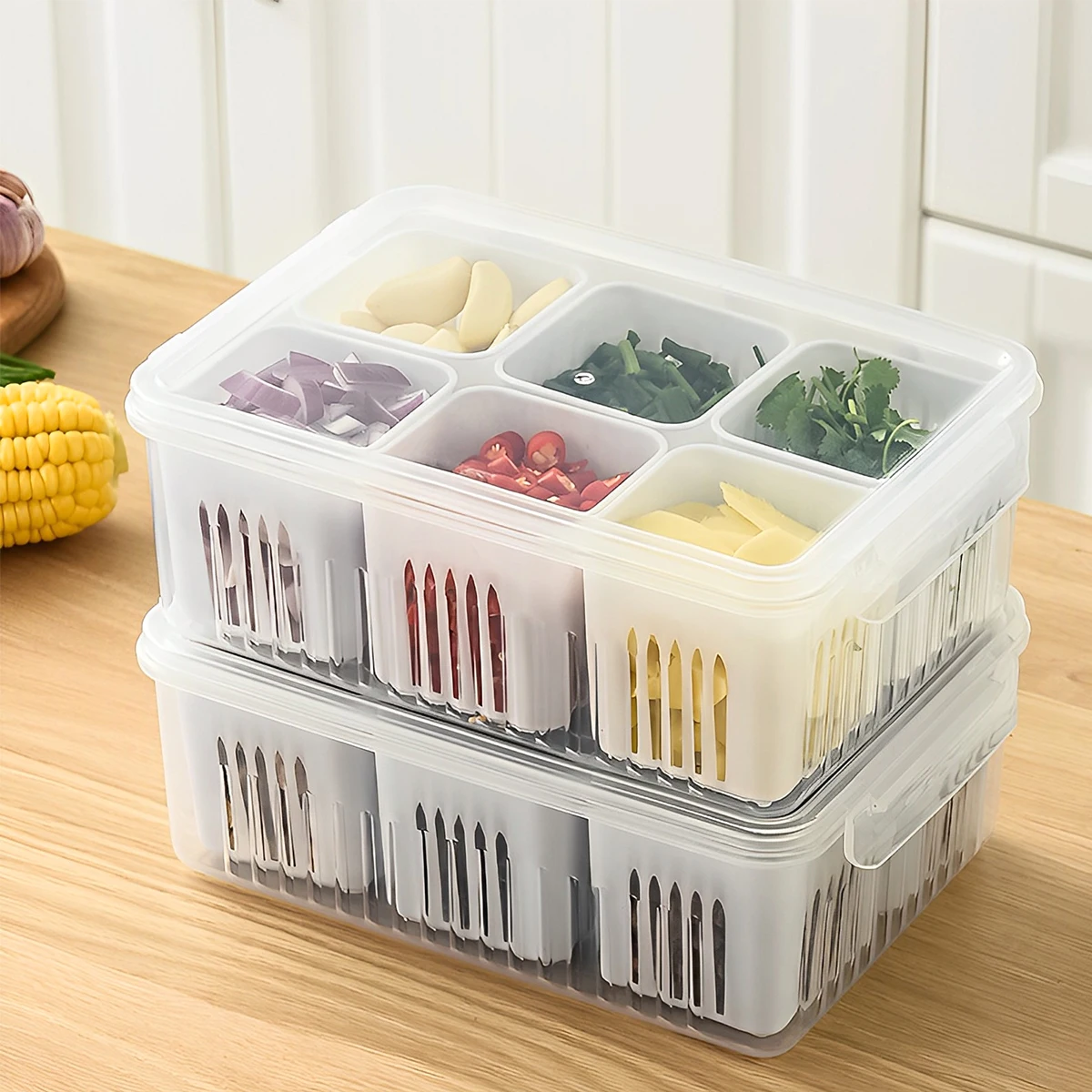 Refrigerator Storage Box 6/8 Grids Food Vegetable Fruit Storage Box Scallion Preservation Box Kitchen Divided Storage Container 6