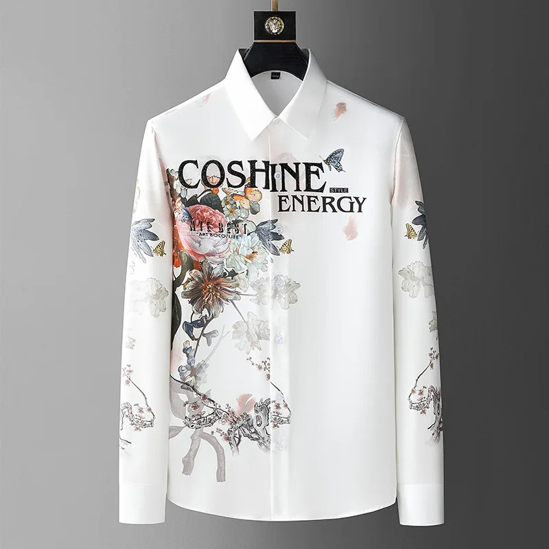 

2023 Spring Flower Print Shirts Men Long Sleeve Slim Casual Business Formal Dress Shirts High-quality Social Tuxedo Men Clothing