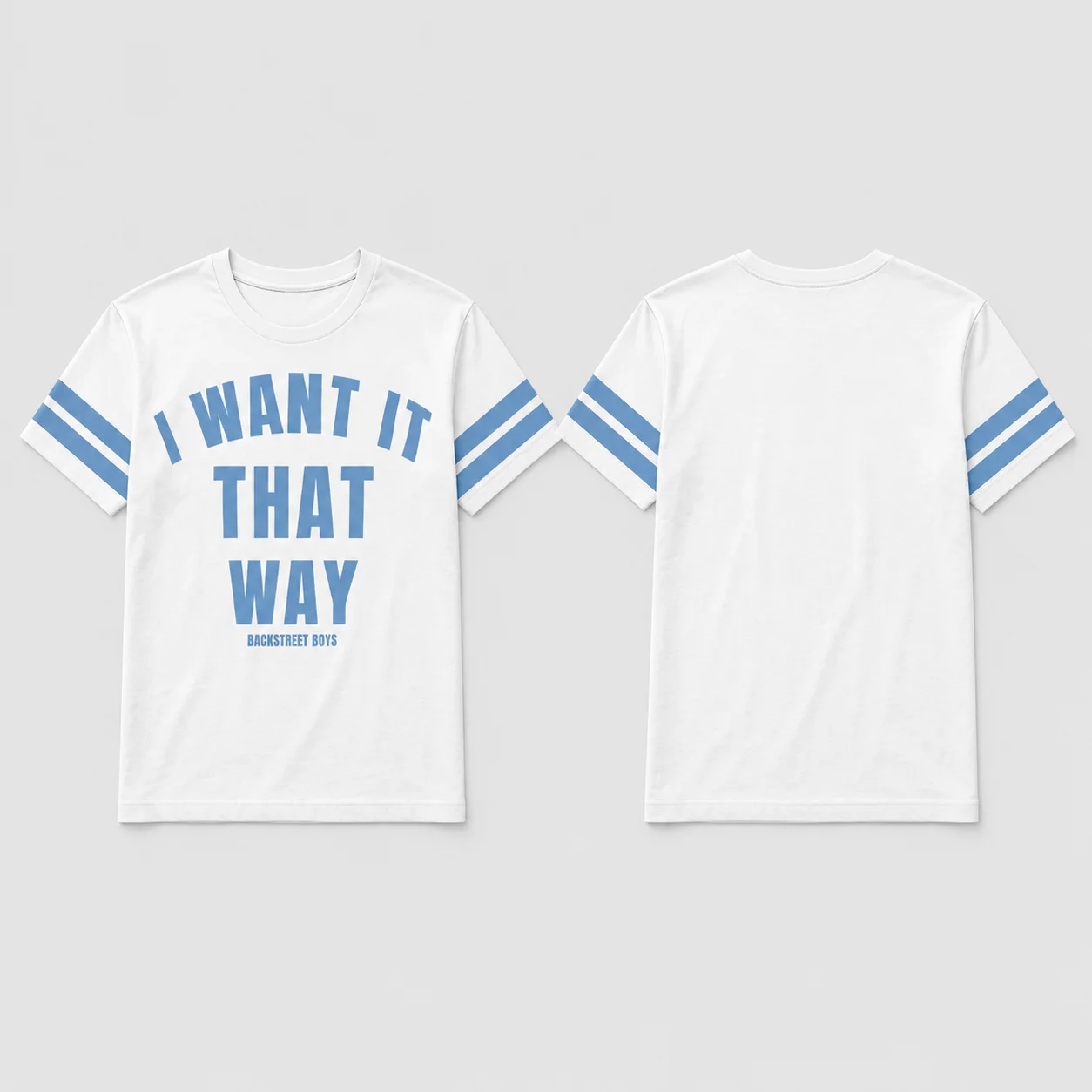 Backstreet Boys I Want It That Way T-Shirt, Y2K American Football-Stil Kurzarm-T-Shirt, Blaue Streifen am Ärmel, Buchstabendruck, Casual
