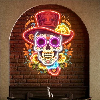 Sugar Skull LED Neon Sign – Colorful Skull Wall Decor