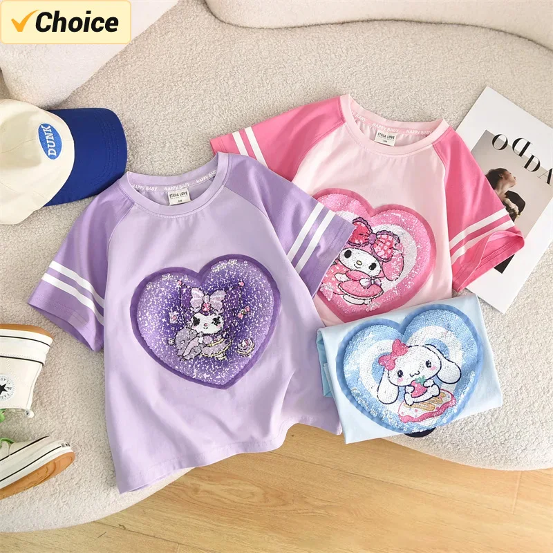 

Cartoon Sanrio Kids T-Shirt Short Sleeved Hello Kitty Mymelody Kuromi Cinnamoroll Cartoon Anime Summer Tops Breathable Girl Gift