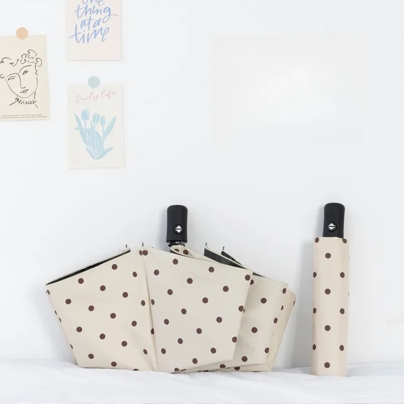 UPF 50+ UV Resistant Polka Dot Umbrella: Black Coating Foldable Compact Portable Sun Parasol