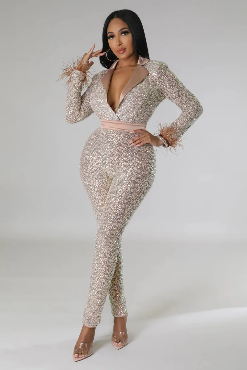 

KEXU Sequined Notched Deep V-neck Long Sleeve High Waist Blaze Style Women Jumpsuit Street 2023 Sexy One Piece Suit Playsuit