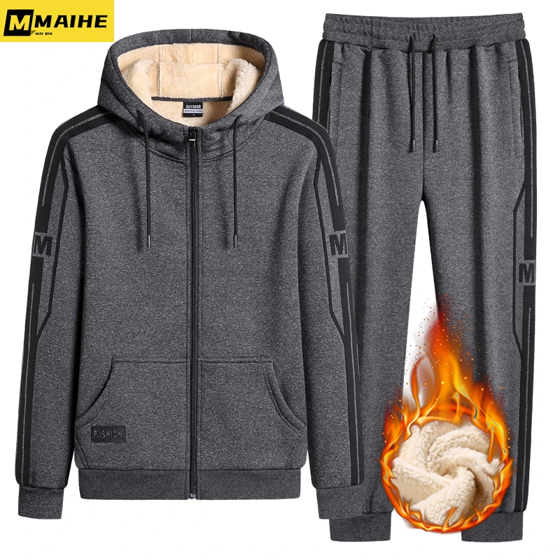 

Winter Men Set Warm Thick Hooded Jacket+Pants 2PC Sets Men Lamb Cashmere Hoodies Zipper Tracksuit Man Sports Suit Size 8XL,9XL