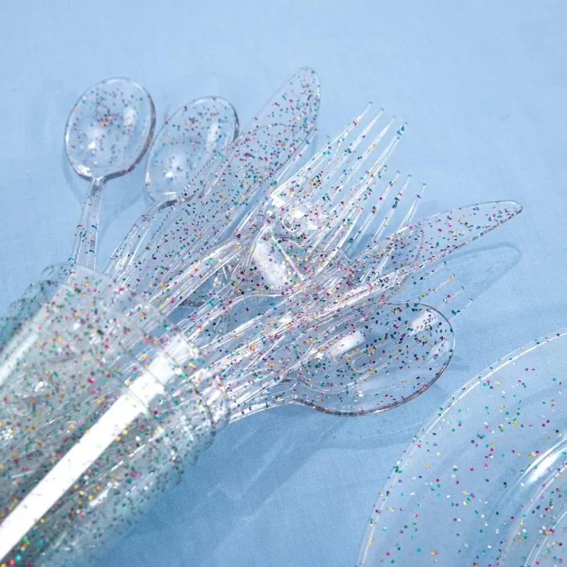 180PCS Glitter Plastic Plates with Glitter Disposable Silverware, Include 30Dinner Plates, 30Dessert Plates, 90Cutlerys, 30Cups