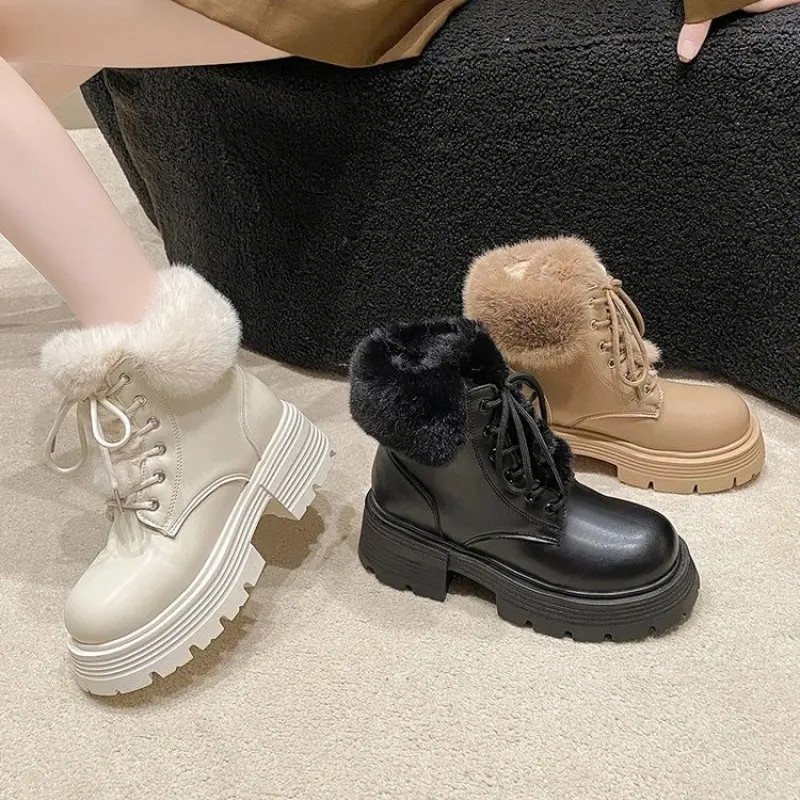 Fashion Ladies Shoes Lace Up Women is Boots Winter Plush Fleece for Warmth Round Toe Solid Short Barrel Square Root Naked Boots