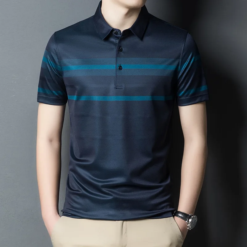 

Top Grade Mulberry Silk Business Polo T-shirt Summer Men's Short-sleeved Tops Fashion Casual Striped Thin Breathable Tees Male
