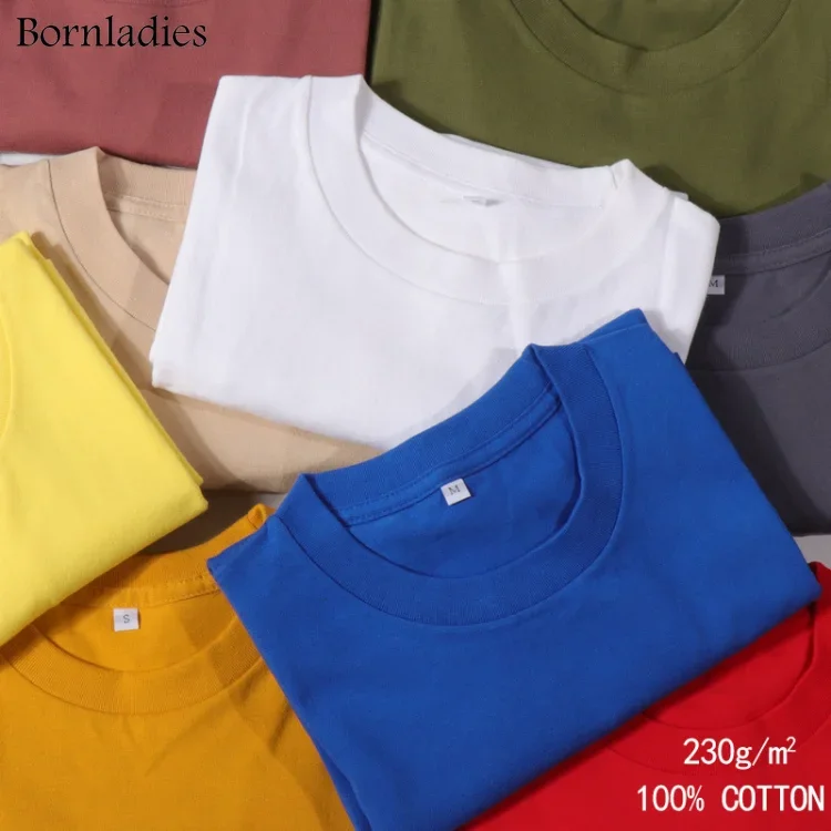 Bornladies 2025 Women's Summer 100% Cotton T-shirt Bottoming Basic Fashionable Solid Lady Short Sleeve Loose Tops Shirts