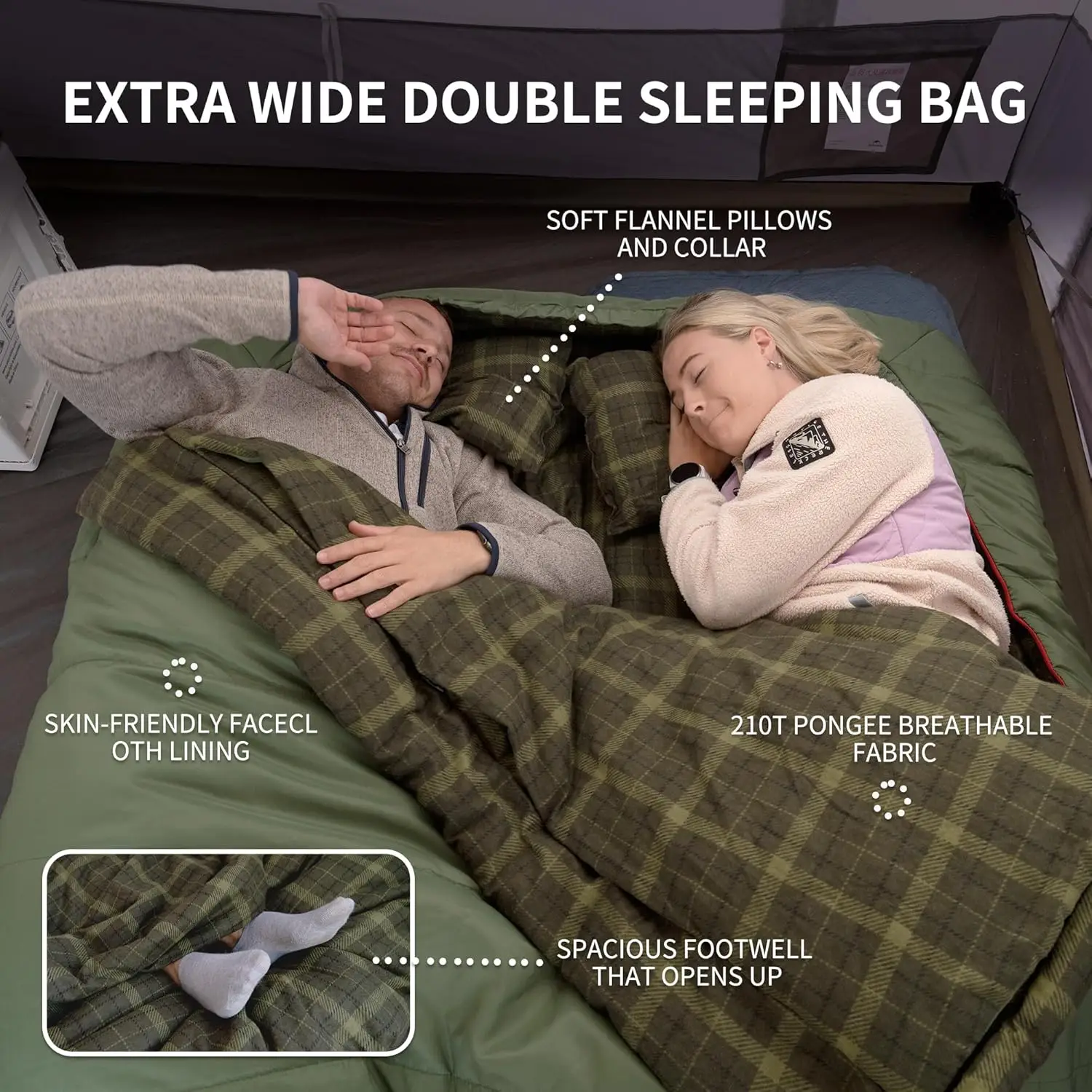 0 Degree Flannel Two Person Sleeping Bag with Pillows for Adults, Couples & Family, Doublewide Double Sleeping Bag 2 Person for