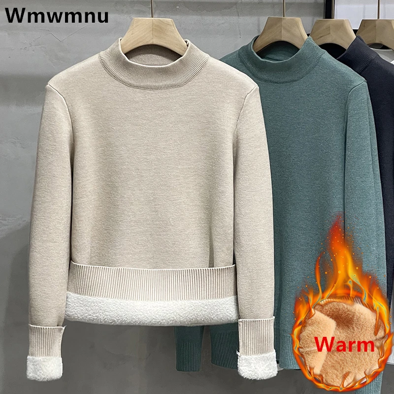 

Thicken Knitwear Jumper Half Turtleneck Sweater Winter Slim Woman Soft Knit Pullovers Casual Plush Fleece Lined Warm Malhas Tops