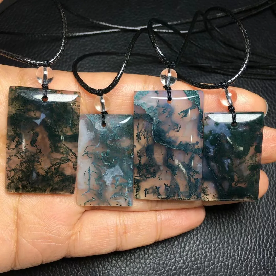 1 Pc Fengbaowu Natural Moss Agate Square Pendant Wax Cord Reiki Healing Stone Fashion Jewelry Gift Donna Uomo