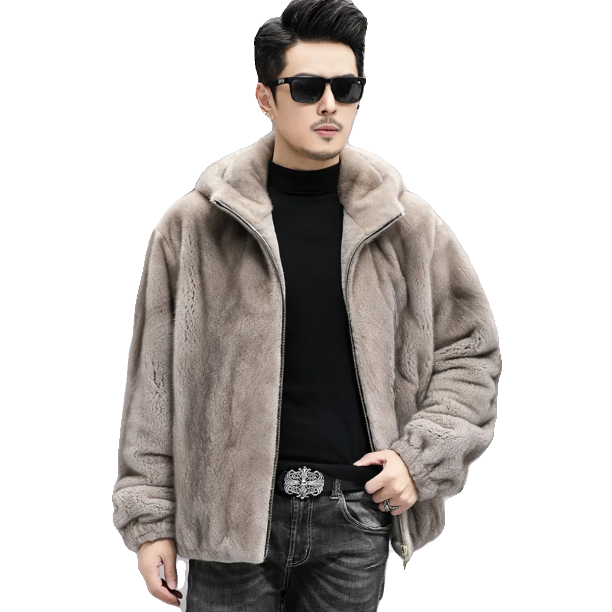 

Silver Blue Real Mink Coat Men's Loose Shoulder Drop Whole Mink Coats Mens Fur Jacket Short Hooded Fur Clothing Male Winter Tops