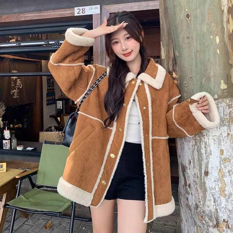 Winter New Women Environment-Friendly Fur Coat Female Fur Integrated Lamb Wool Thicken Suede Plush Outwear Casual Fashion Jacket