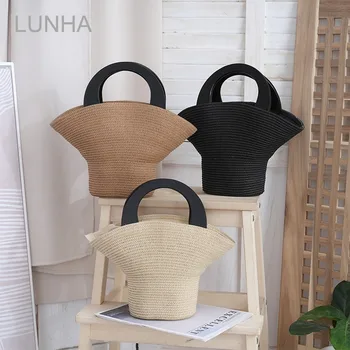 Women's Stylish Hat-Shaped Straw Woven Handbag Summer Beach Tote Bag Handmade Wheat Straw Bucket Bag for Holiday Travel
