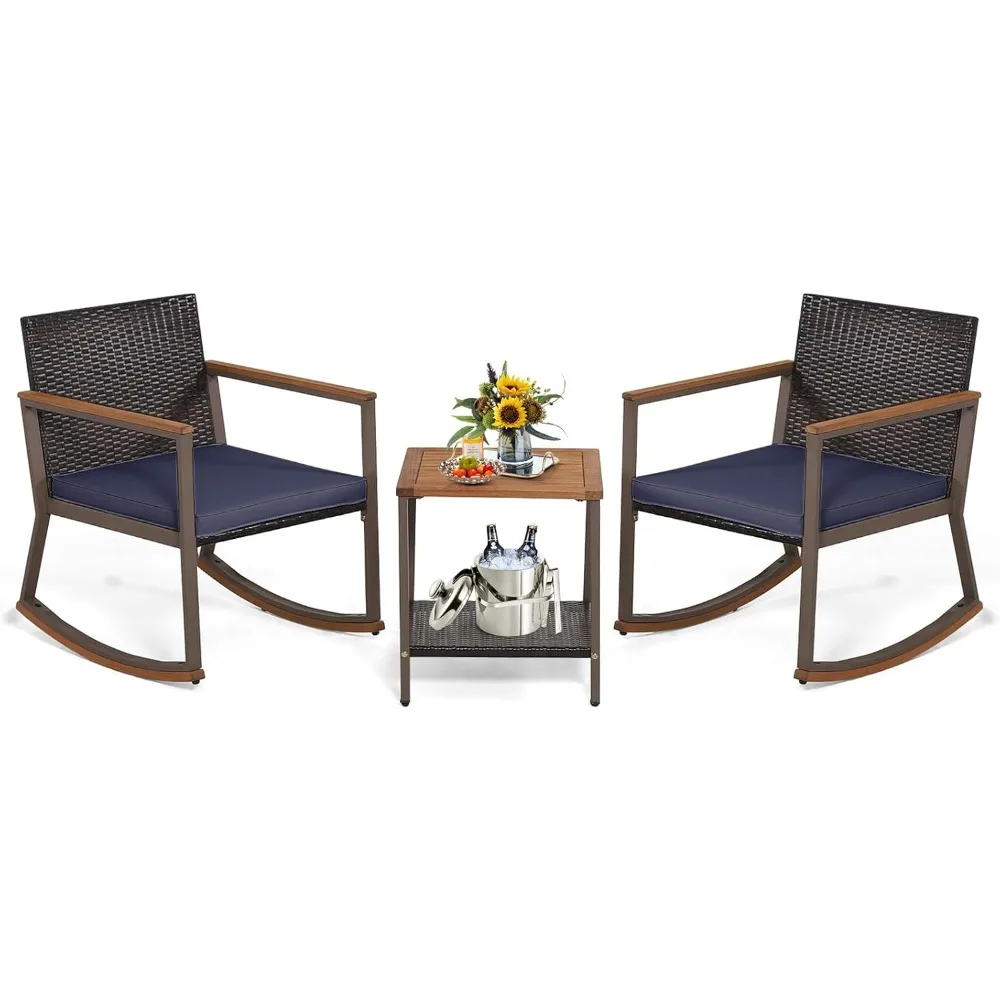3 Pieces Rocking Bistro Set,Outdoor Rocker Chair with Coffee Table&Cushions,Patio Rattan Furniture Conversation Set for Balcony 2