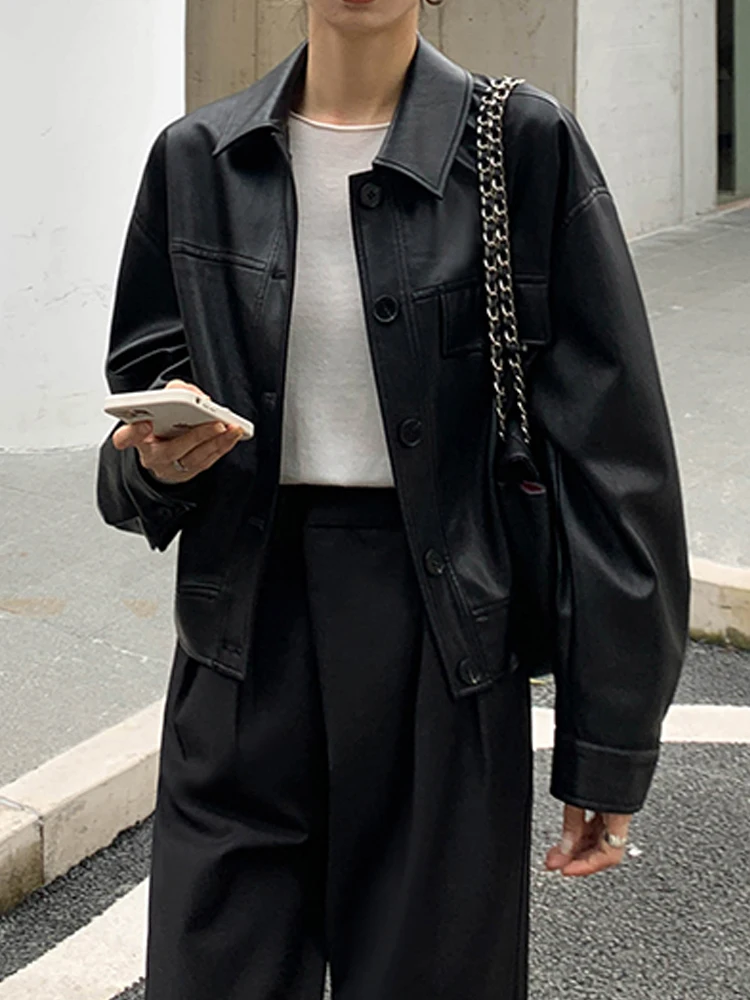 Женская укороченная кожаная куртка, черная винтажная куртка из искусственной кожи в Корейском стиле, Осень-зима 2022 женская куртка из искусственной кожи черная мотоциклетная куртка из искусственной кожи y2k осень зима 2022