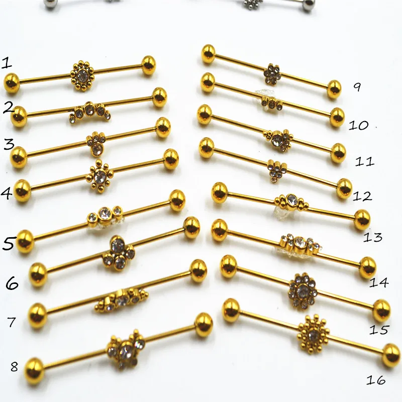 

50pcs 16g~1.2mm Ball Crystal Gems Ear Straight Helix Scaffold Long Barbells Industrial Bar Upper Earring Body Jewelry Piercing