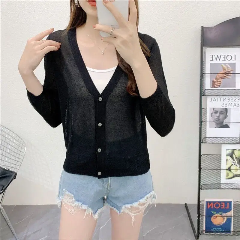 Spring/Summer Ice Linen Knitted Split Sleeve Cardigan Women's Versatile Office Air Conditioning Shirt Fashion Sunscreen Top