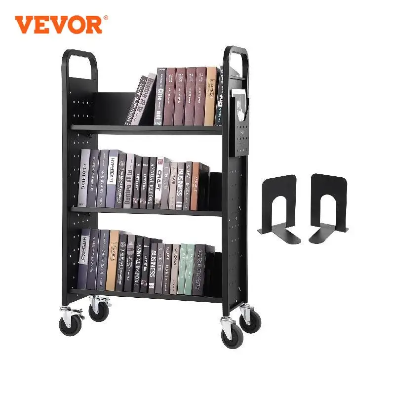 

VEVOR 330lbs 3 Tier Library Book Cart Floor Mounted Bookshelf with 4in Lockable Wheels Movable Book Storage Rolling Storage Cart