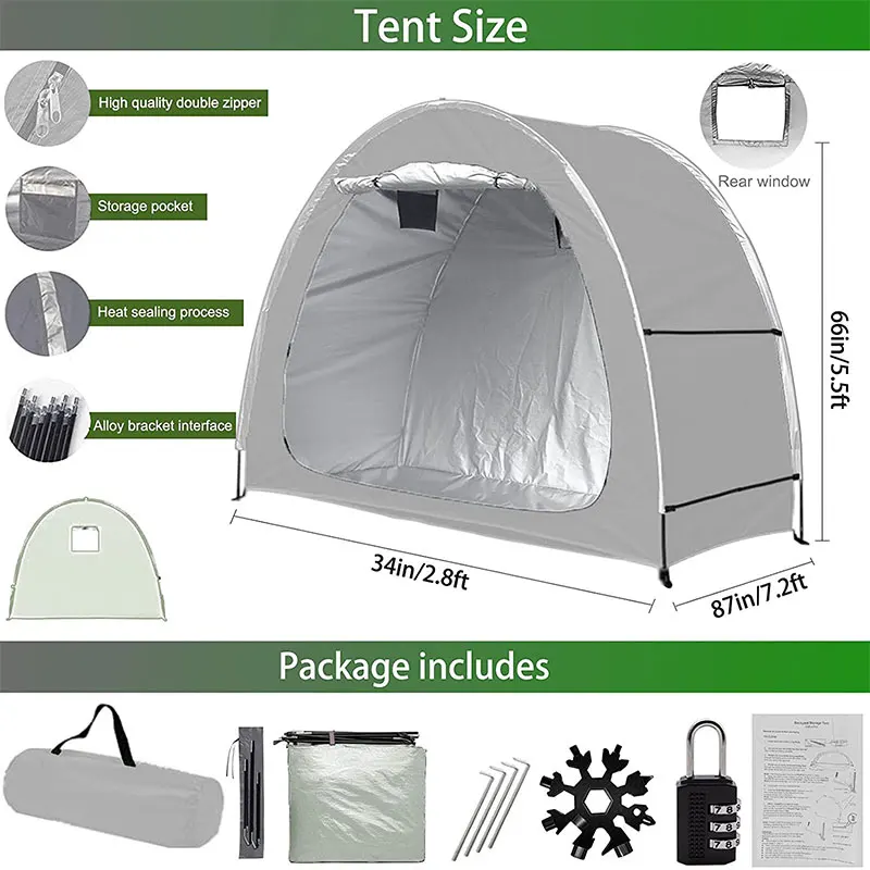 New Bike Tent Portable Outdoor Waterproof Storage Shed with Snow Tools and Combination Lock for Storage 2 Bikes or Garden Tools