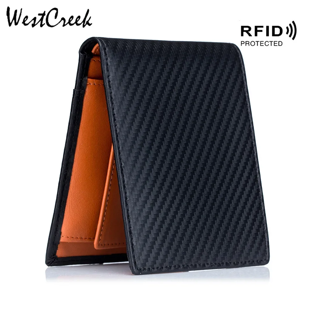 

WESTCREEK Brand Ultra Thin Thickness RFID Blocking Men Wallet Split Leather Carbon Style Short Male Coin Purse