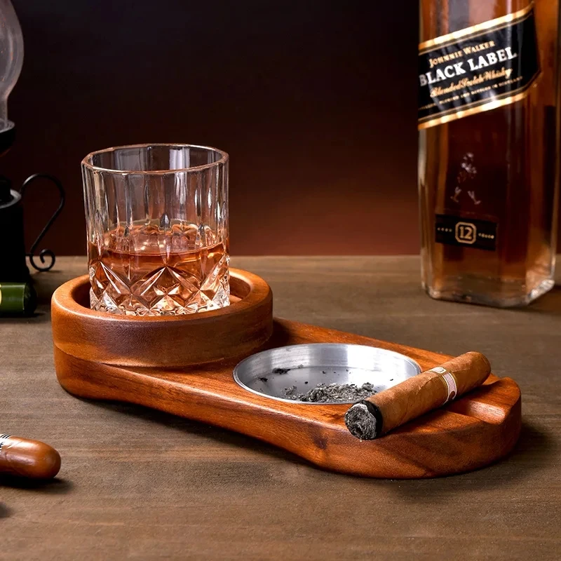 2-In-1 Creative Wooden Whiskey Wine Glass Holder Cigar Ashtray Desk Wood Cup For Bar Home Kitchen Office Decoration Cool Gadget