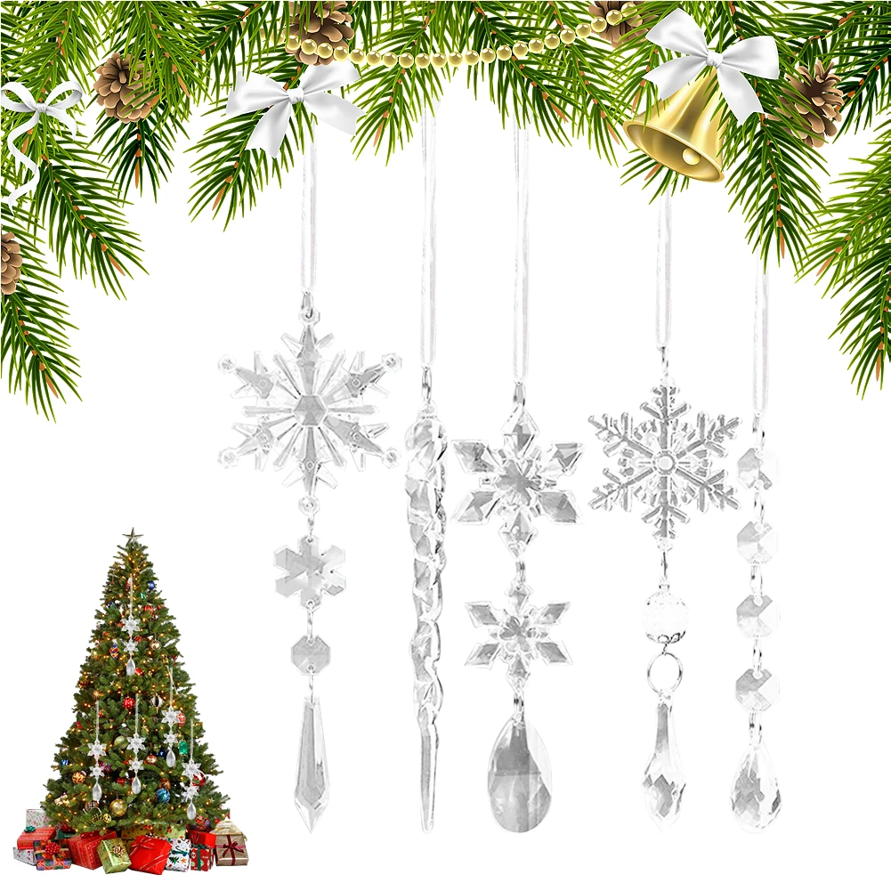 10Pcs Crystal Christmas Tree Ornaments Acrylic Snowflake Icicle Drop Crystal Hangings Transparent Decorative for Xmas Tree