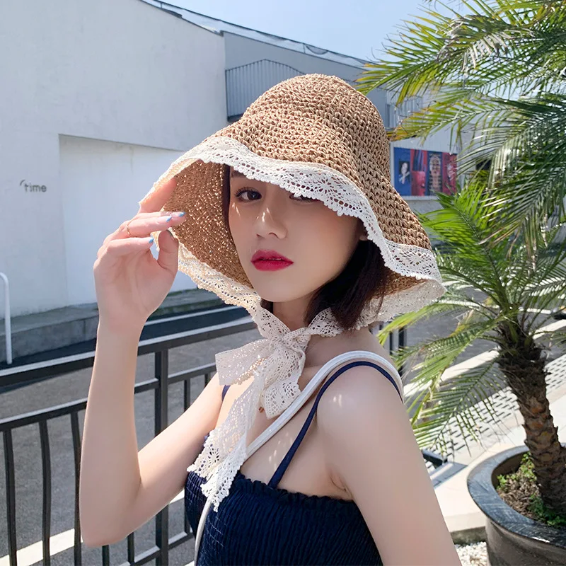 2022 Fashion Summer Straw Hat Lace Beach Hats Women Korean Windproof Rope  Travel Wide Brim Sun Hat Elegant Bucket Hat - AliExpress