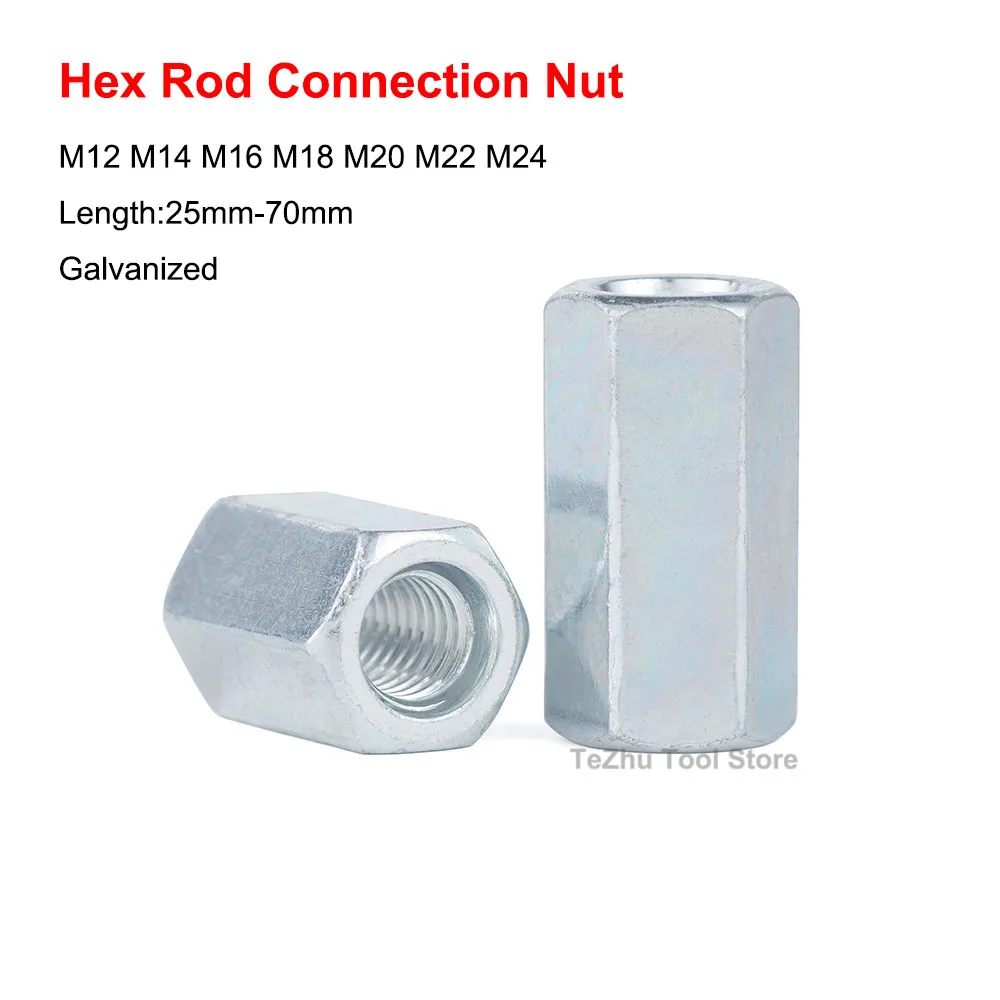 1PCSM12M14M16M18M20M22M24GalvanizedHexRodCouplingNuts