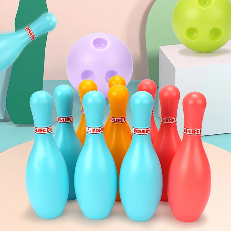 Set da bowling Colore plastica 2 palline e 10 pin Giochi da bowling Sport all'aria aperta Palla per esercizi indoor Gutterball Divertente set da bowling TMZ - immagine 2